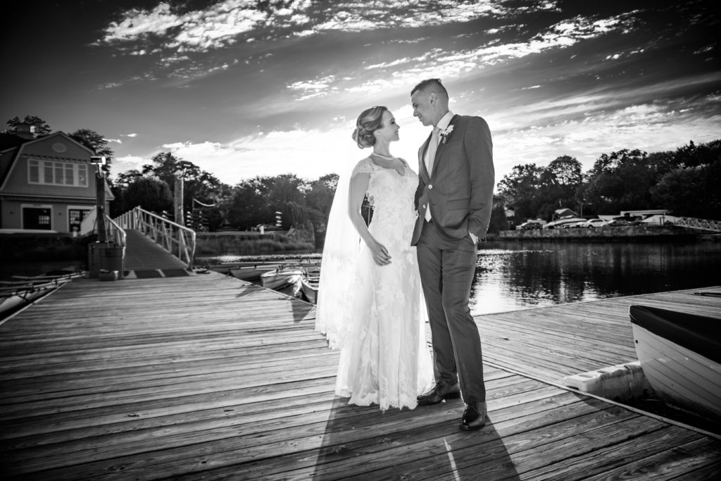 Black and white, wedding couple on pier - White Mountains Wedding Photography